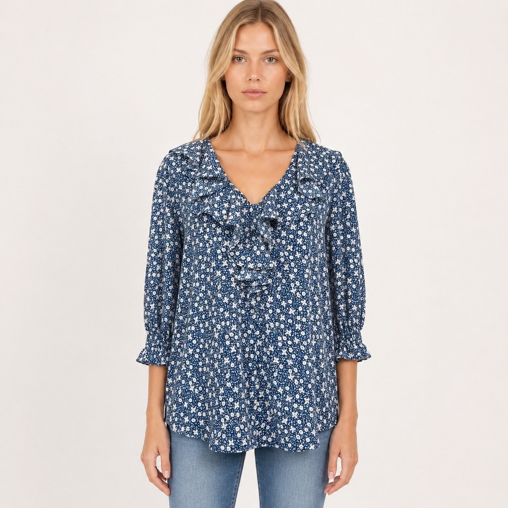 Lauren Ralph Lauren Blouse Blue Floral Ruffle Neck Smocked Cuff Career Top
